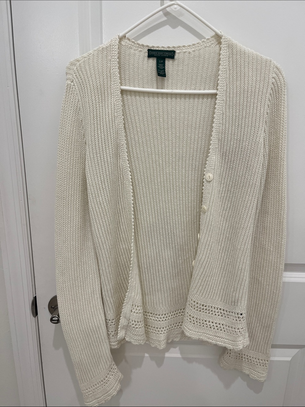 Ralph Lauren Ivory Button-Front Knit Cardigan Sweater-Linen/Cotton Blend